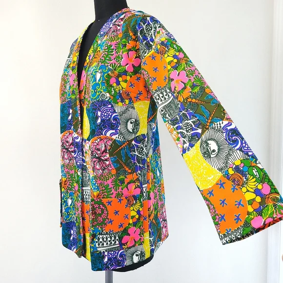 Very Rare Vanda Fashions Key West Hand Printed 70s Patchwork Cardigan Jacket - Picture 8 of 11